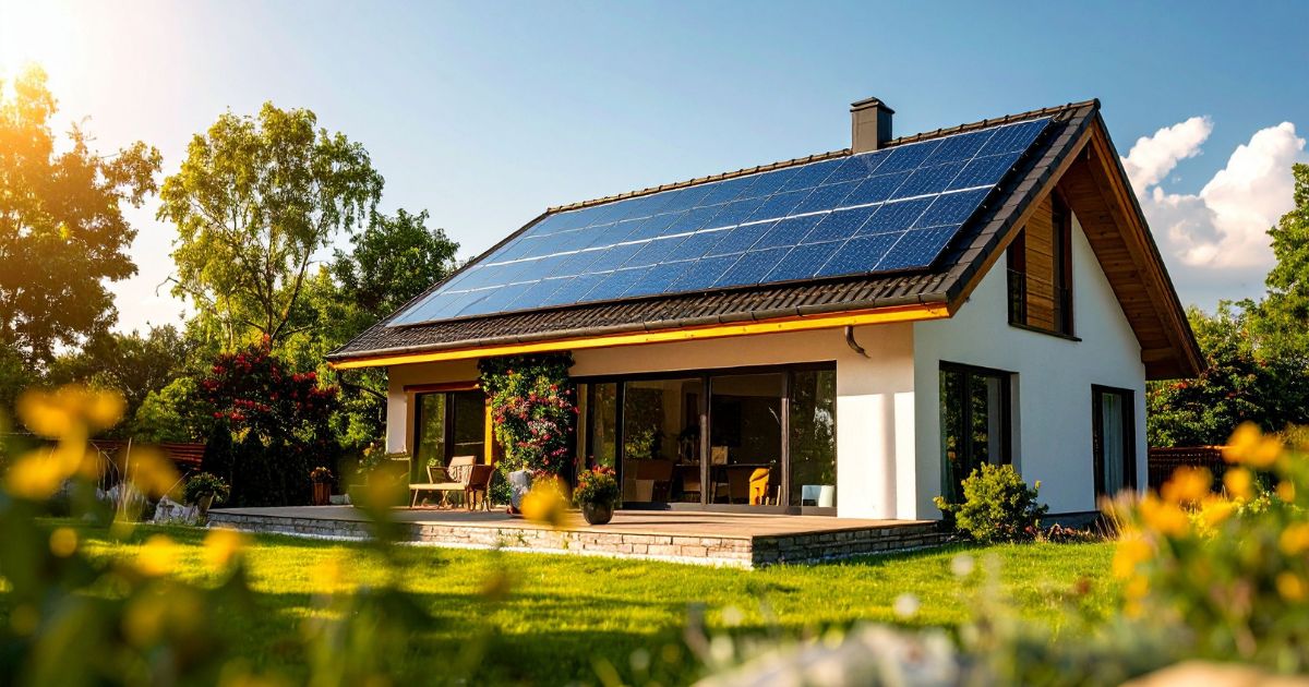 Casă cu panouri solare în lumină de seară, grădină cu flori - atmosferă de stup care funcționează deja