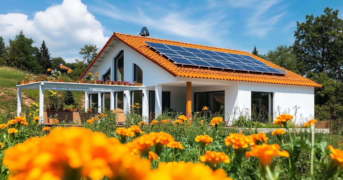 Casă cu acoperiș de țiglă portocalie și panouri solare montate - exemplu de combinație tradițional×modern